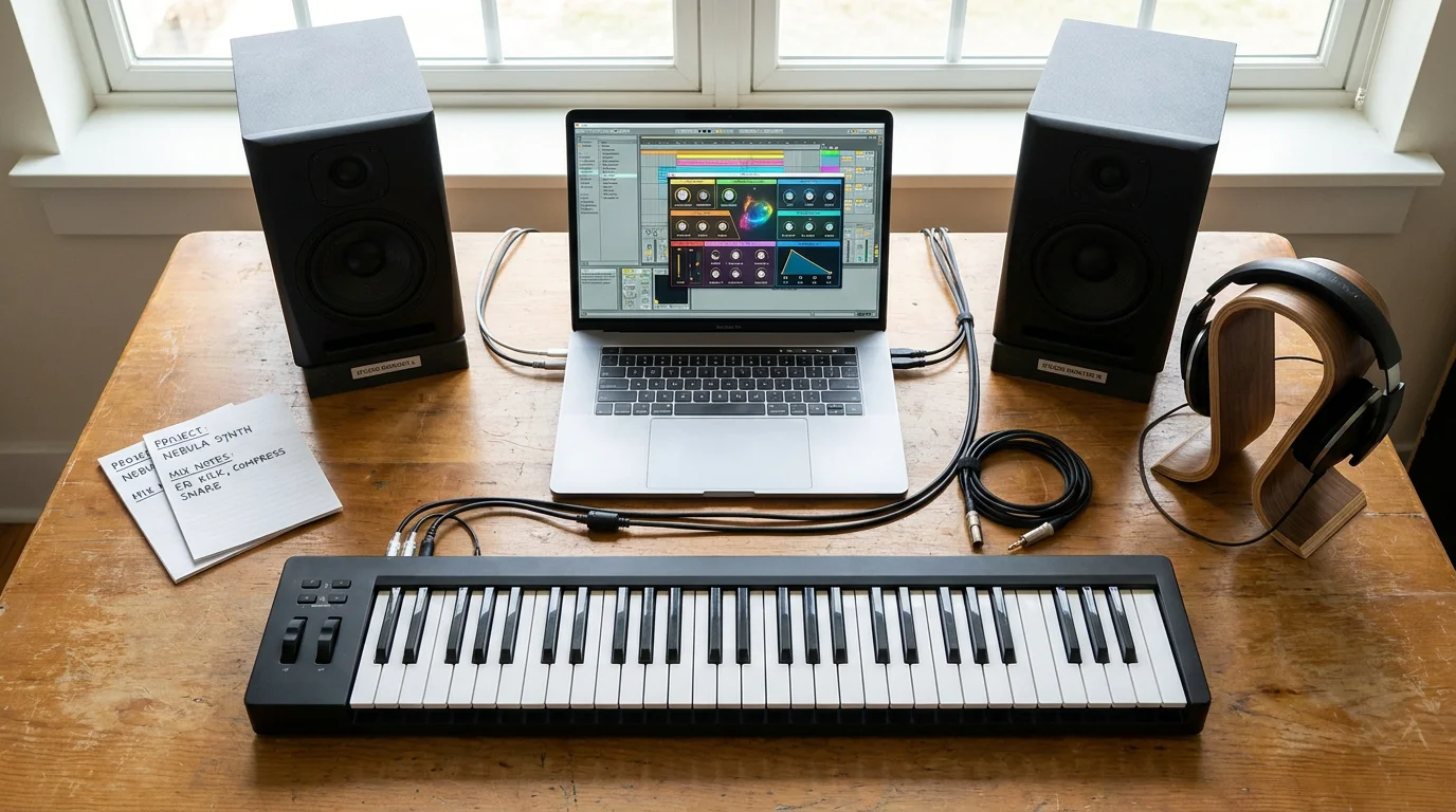 Music production workstation with laptop displaying a synthesizer plugin, MIDI keyboard, and studio monitors