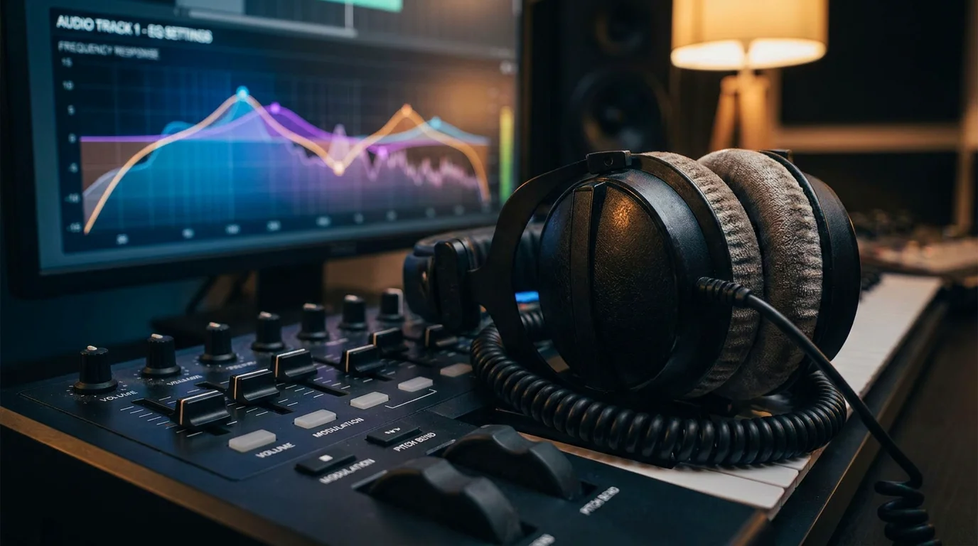 Studio headphones on a MIDI keyboard with an equalizer display in the background