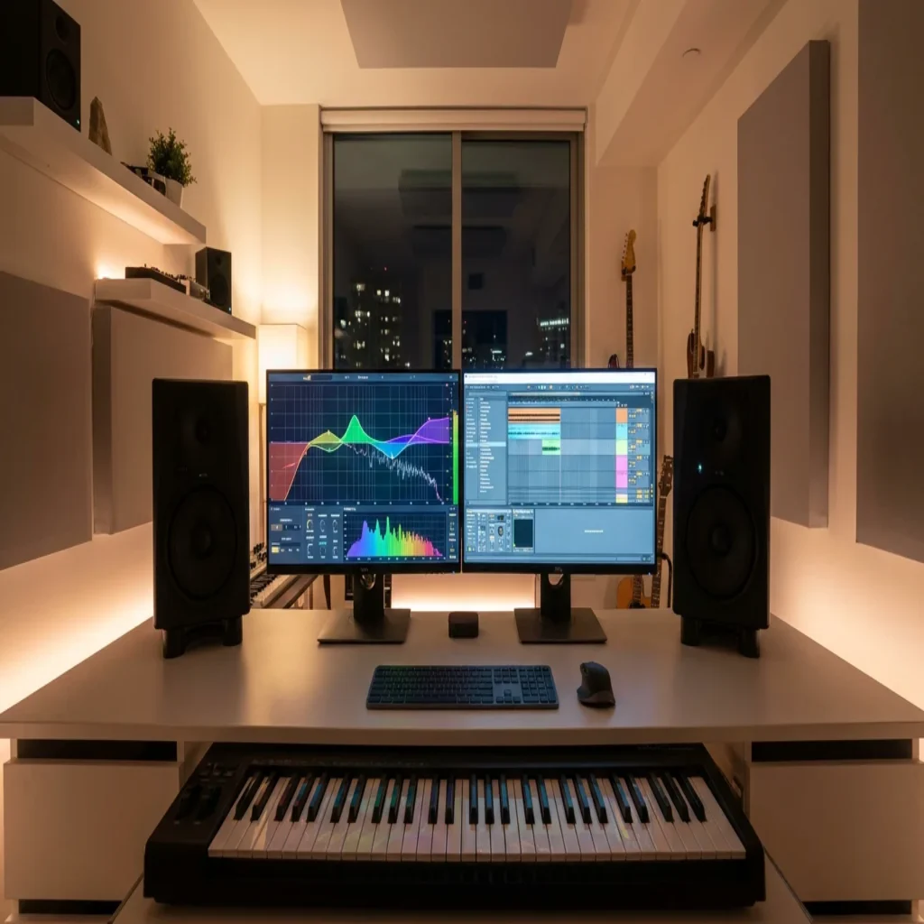 Modern home music production studio with equalizer curves displayed on dual monitors