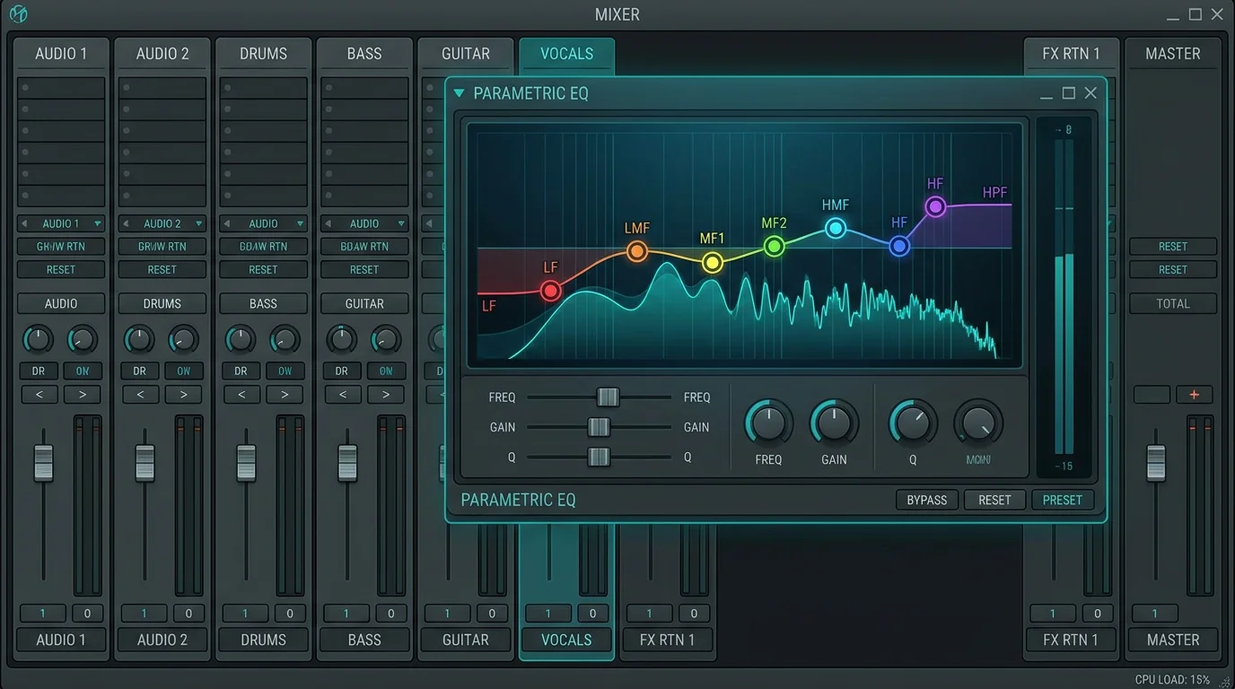 Parametric equalizer interface showing seven frequency bands on a dark digital audio workstation