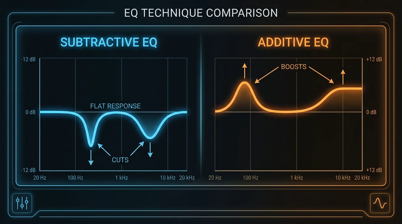 Side-by-side comparison of subtractive and additive EQ curves in a professional mixing context