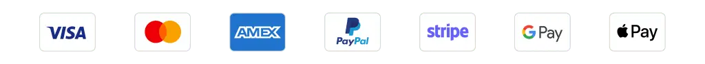 Visa, Mastercard, Amex, PayPal, Stripe, Google Pay, Apple Pay