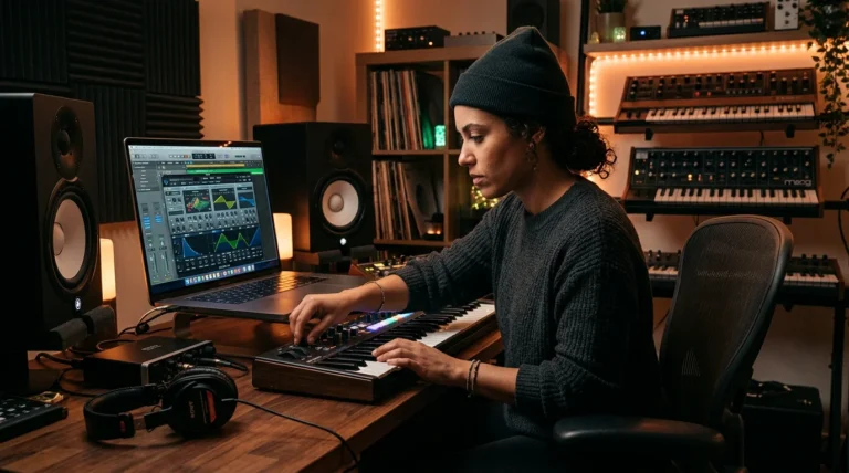 Music producer using analog synth plugins in a home studio