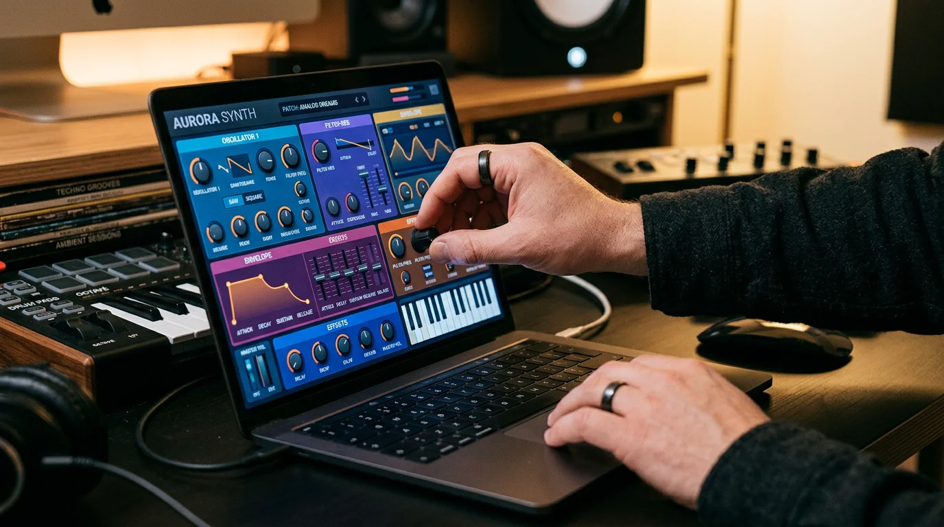 Producer shaping a virtual analog synth sound inside a digital audio workstation