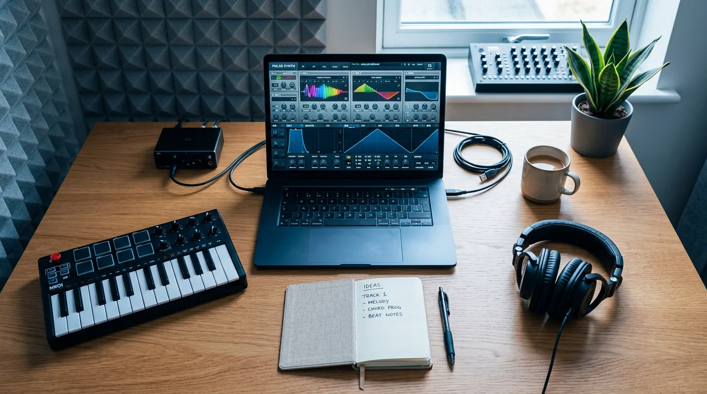 Home studio setup with a synth plugin and MIDI controller ready for beatmaking