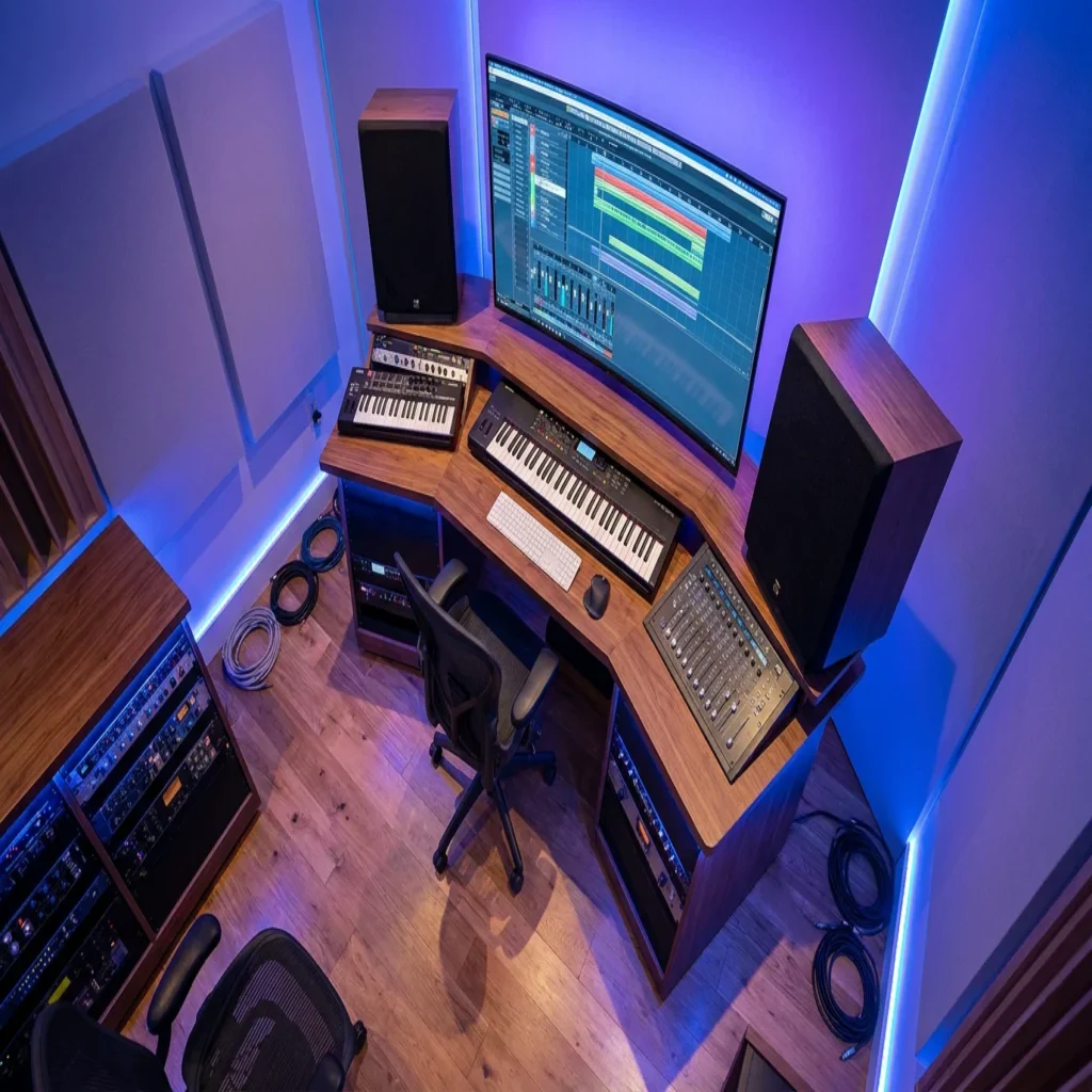 Modern music production studio with DAW display and MIDI controllers for VST instrument production