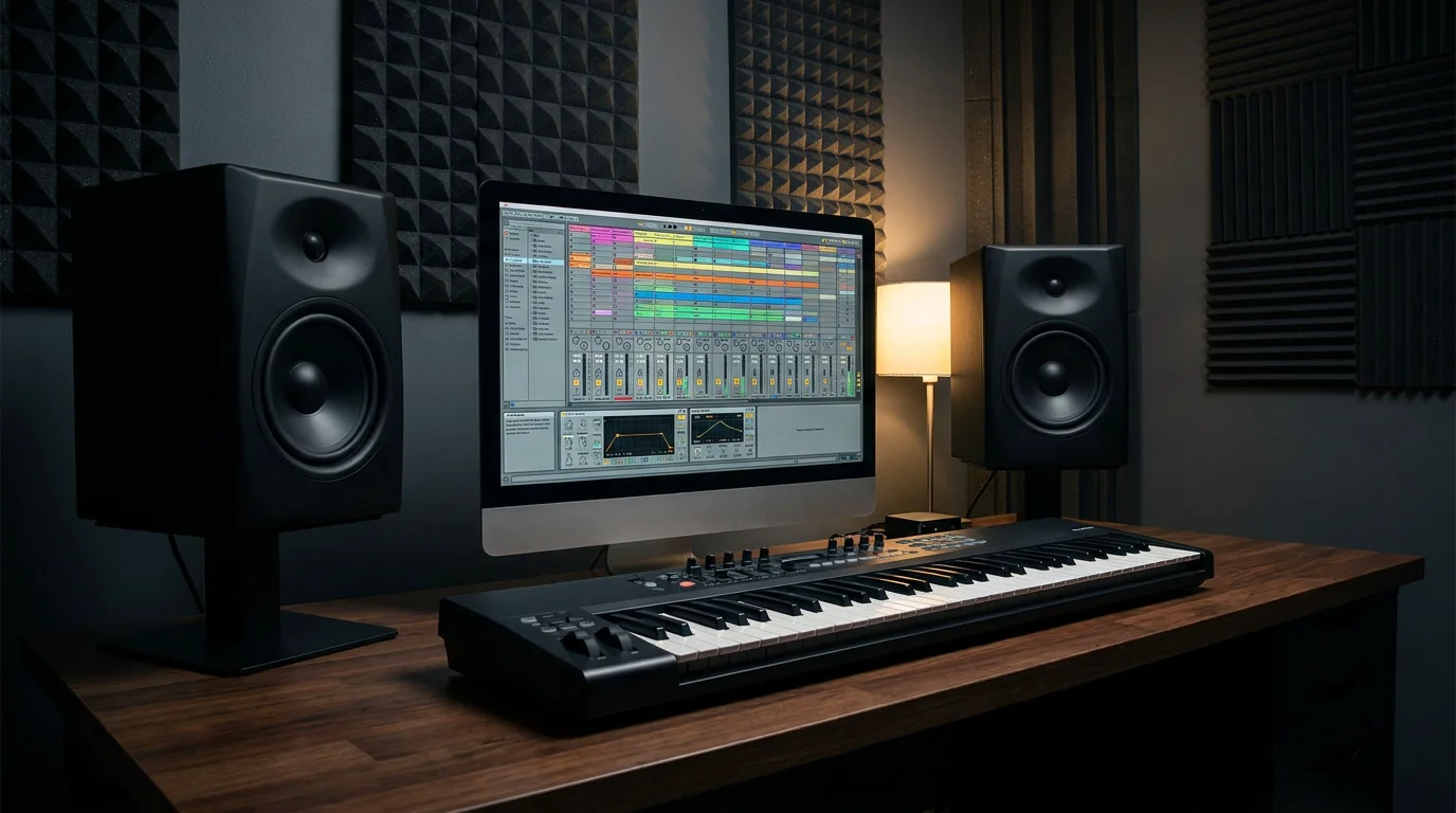 Professional home studio setup with a DAW displaying virtual instrument plugin tracks