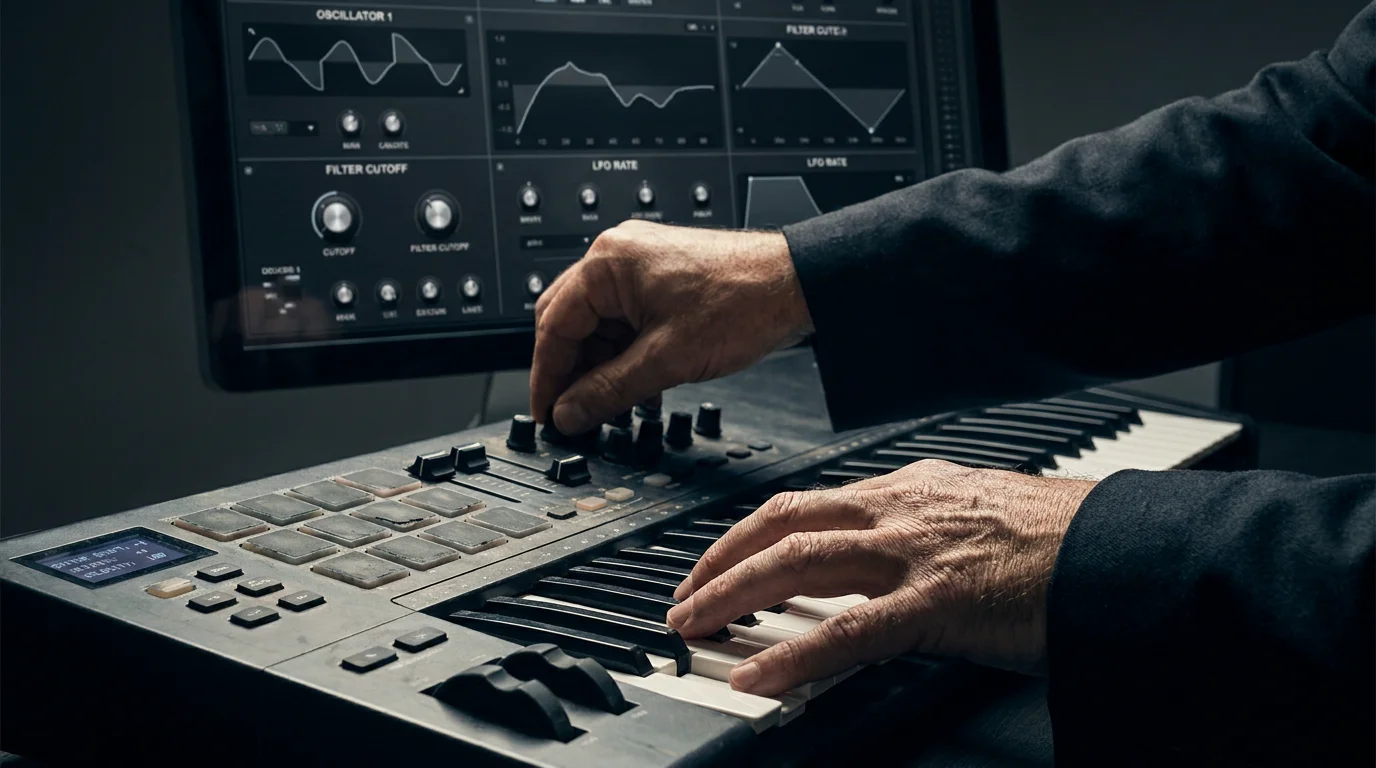 Musician playing a MIDI controller with a synthesizer plugin visible on screen