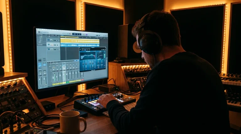 Music producer mixing vocals in a home studio with warm LED lighting
