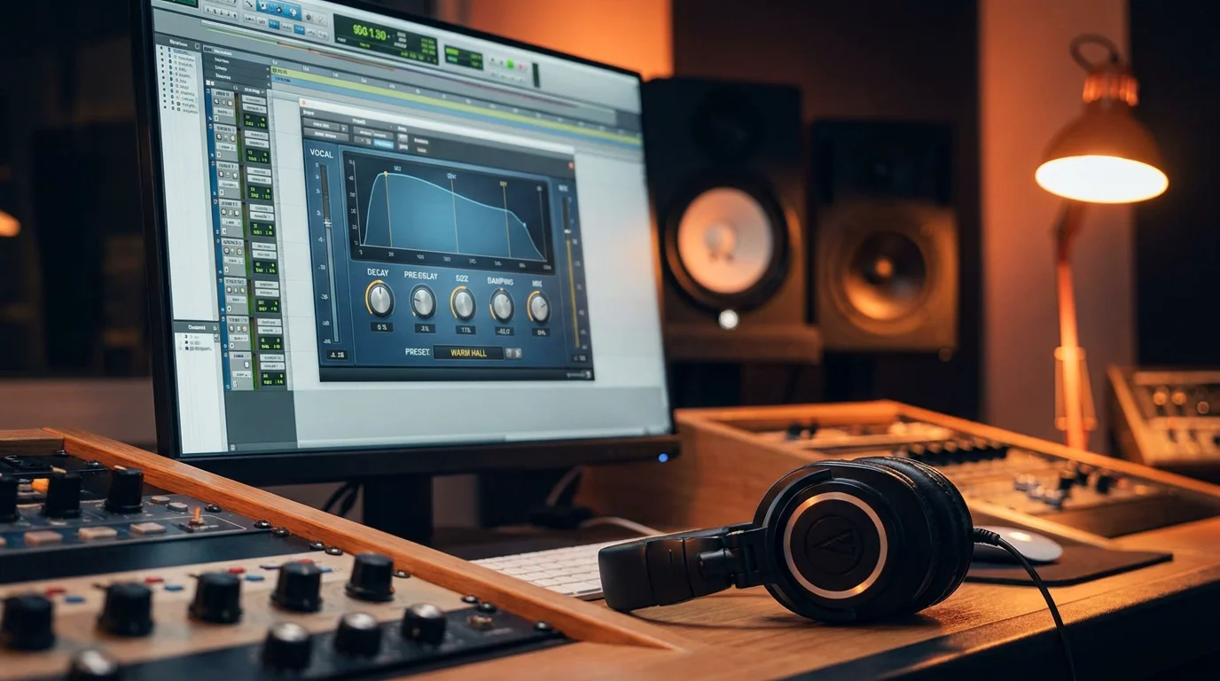 Studio desk with DAW showing a vocal reverb plugin interface and studio monitors
