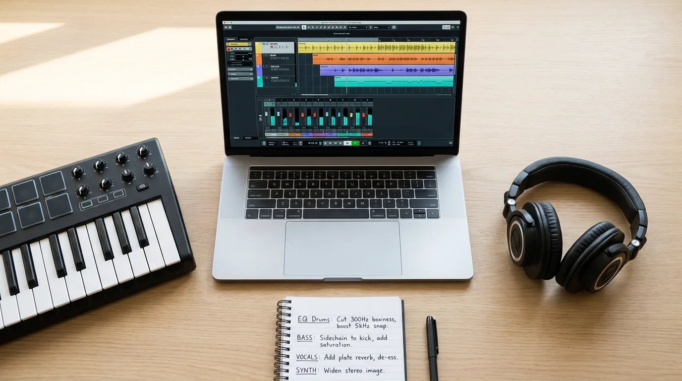 Overhead view of a music production workspace with laptop DAW session and MIDI keyboard