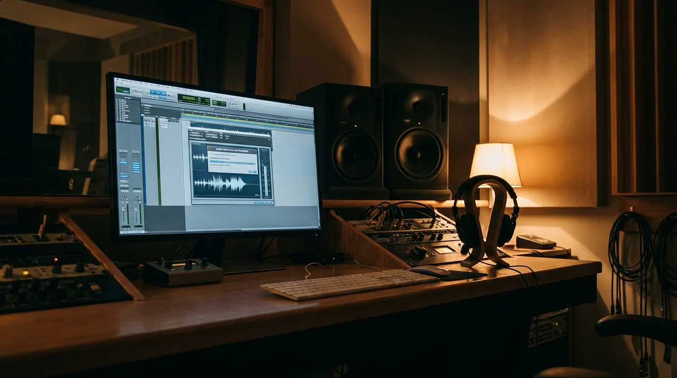 Studio desk with DAW waveform showing noise removal process on a computer screen