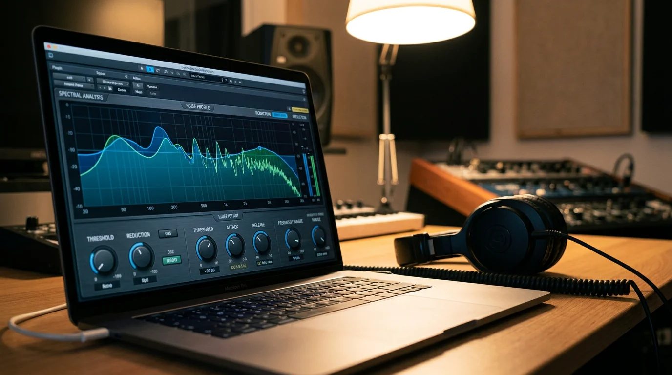Laptop in home studio showing spectral noise reduction plugin interface