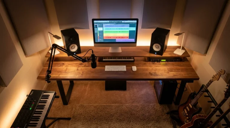Modern home music studio setup with monitors, microphone, and audio waveforms on screen
