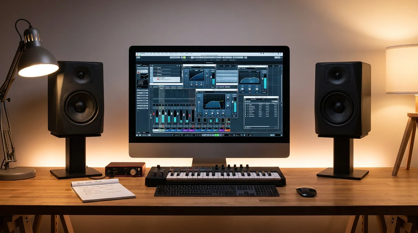 Professional music production workspace with a DAW and vocal plugins on screen
