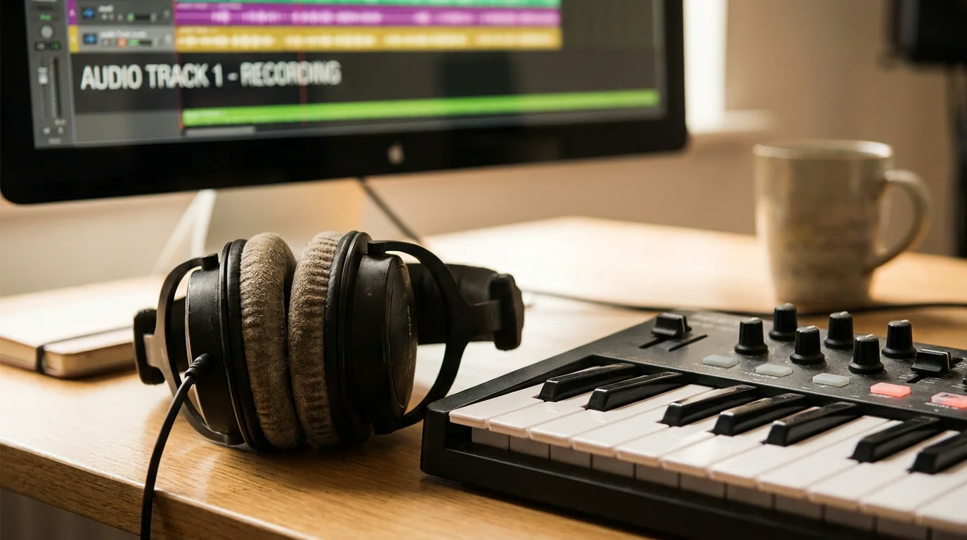 Studio headphones and MIDI keyboard on a producer desk with audio waveforms on screen
