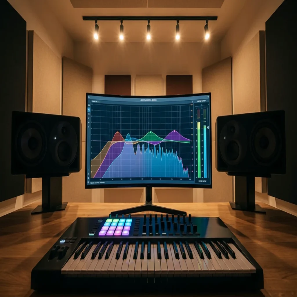 Modern music production studio with frequency spectrum display on monitor and studio equipment