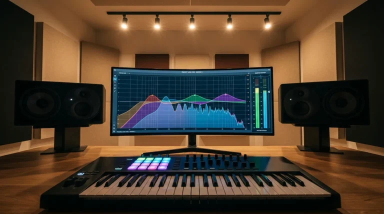 Modern music production studio with frequency spectrum display on monitor and studio equipment