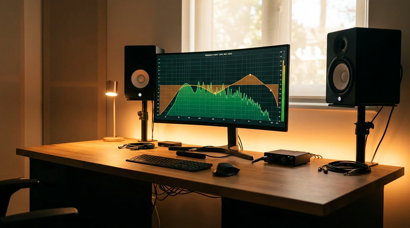 Modern home studio desk with equalizer frequency curve displayed on screen and studio monitors