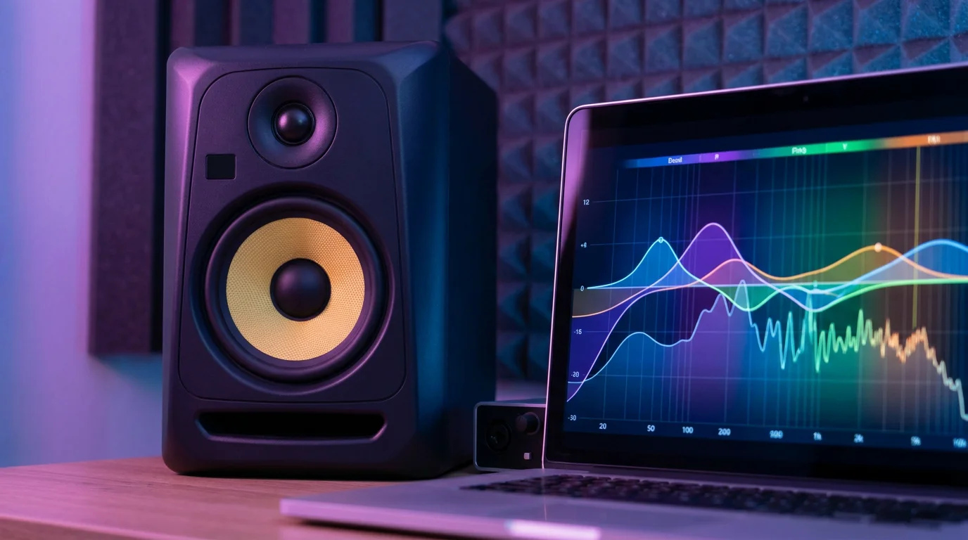 Close-up of studio monitor and laptop screen showing parametric EQ frequency spectrum