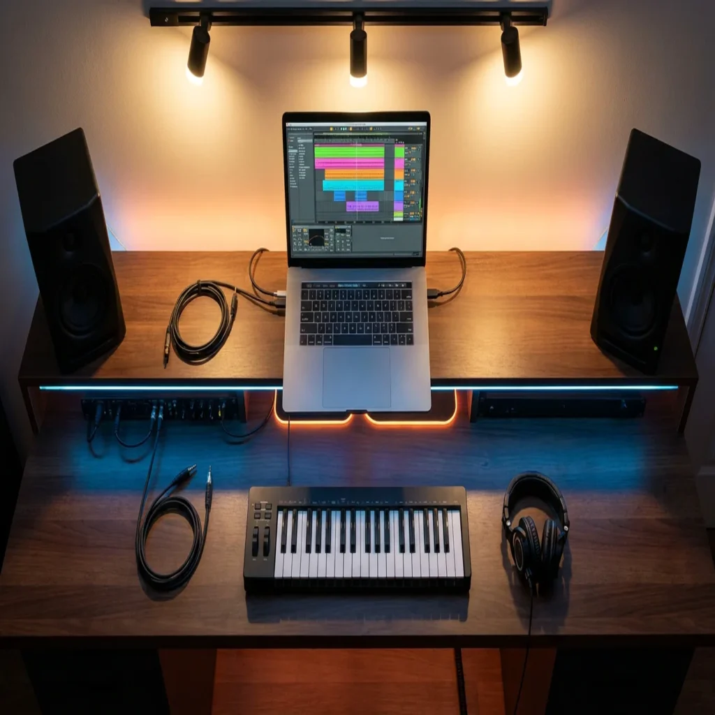 Overhead view of a modern music production workspace with laptop, MIDI keyboard, and studio monitors