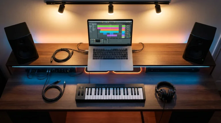 Overhead view of a modern music production workspace with laptop, MIDI keyboard, and studio monitors