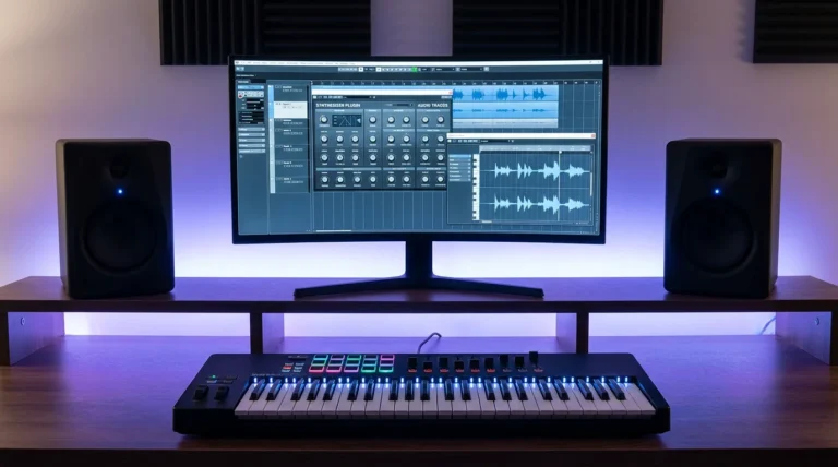 Modern home music studio with DAW on screen, studio monitors, and MIDI keyboard under ambient lighting