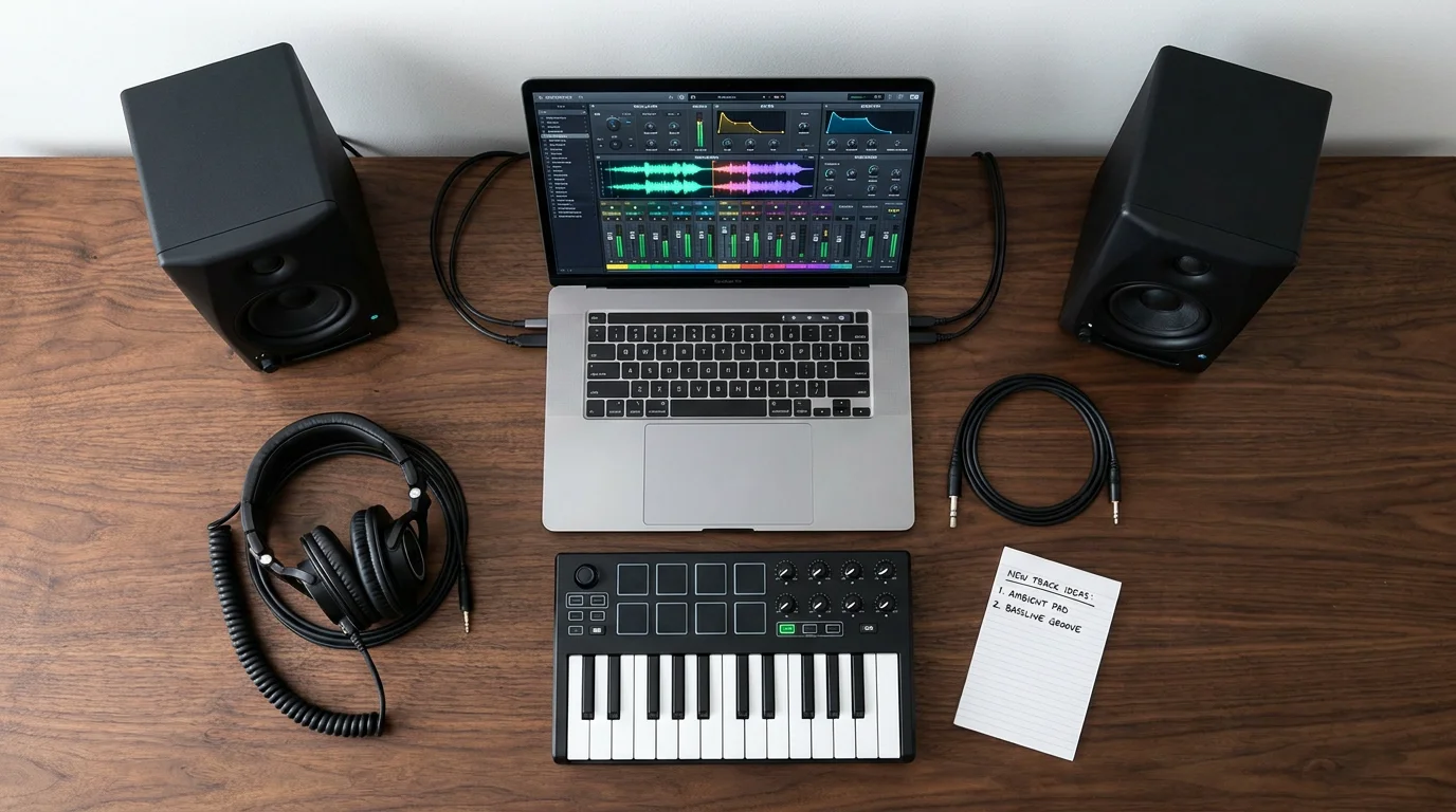 Music production workspace with laptop showing a synthesizer plugin, MIDI keyboard, and studio monitors