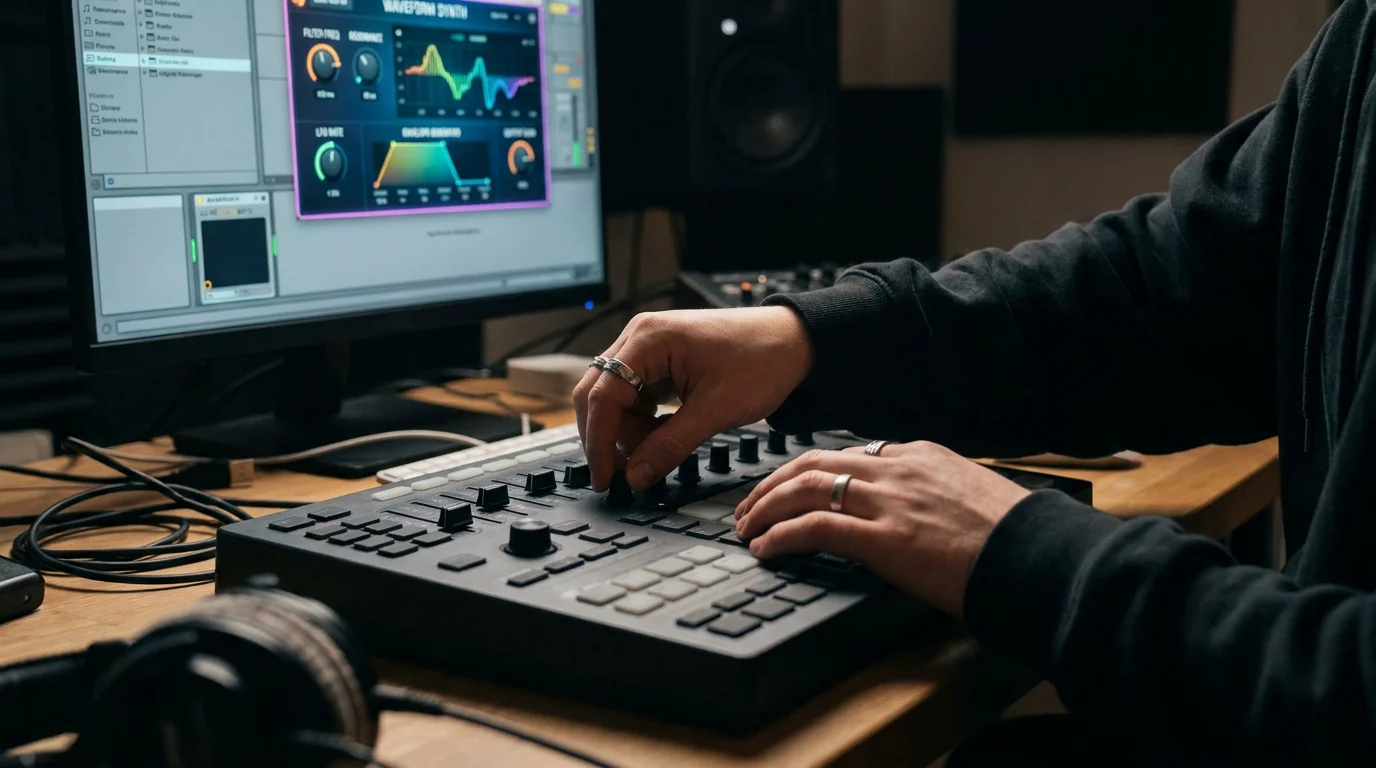 Producer adjusting MIDI controller knobs in a home studio with synthesizer plugin on screen