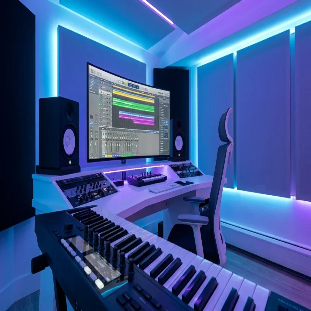 Modern music production studio with DAW interface, MIDI keyboard, and studio monitors