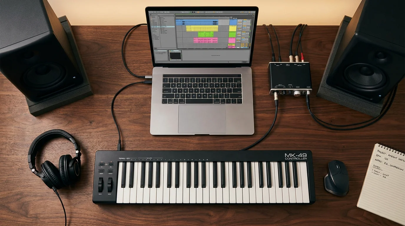 Modern home studio desk with laptop DAW, MIDI keyboard, and studio monitors