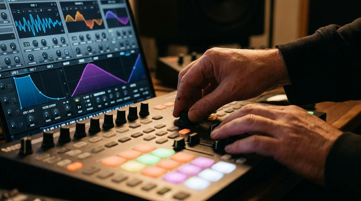 Producer adjusting MIDI controller next to synthesizer plugin interface
