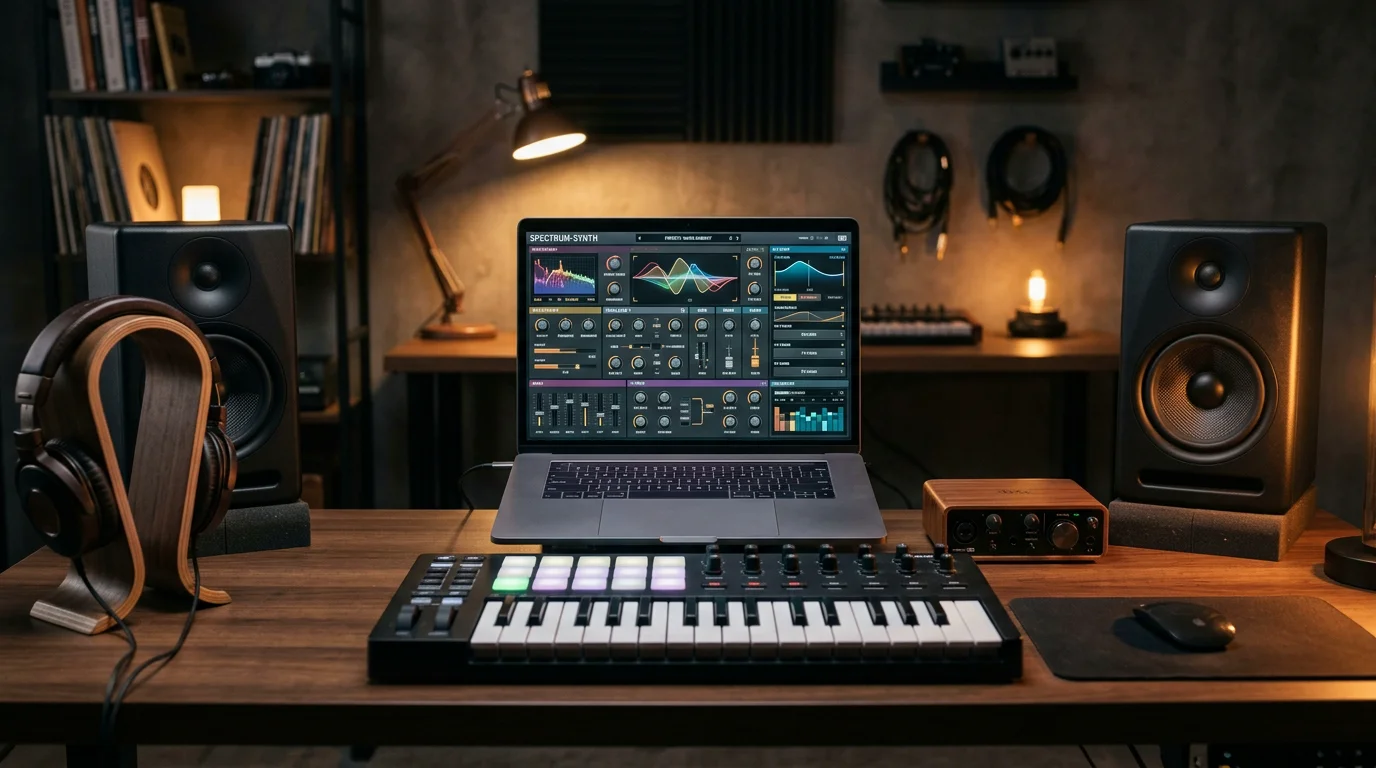 Home studio desk with MIDI keyboard and synthesizer interface for bass production