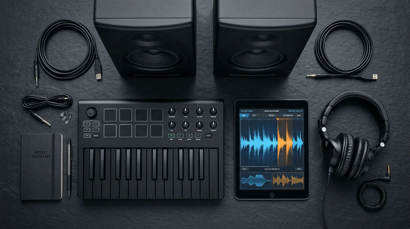 Flat lay of studio gear and waveform display for bass plugin comparison