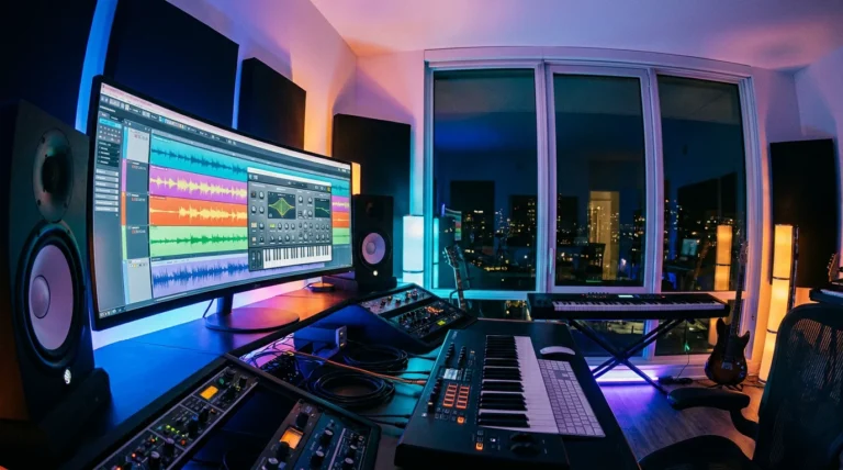 Modern home music studio with virtual synthesizer displayed on monitor and ambient lighting