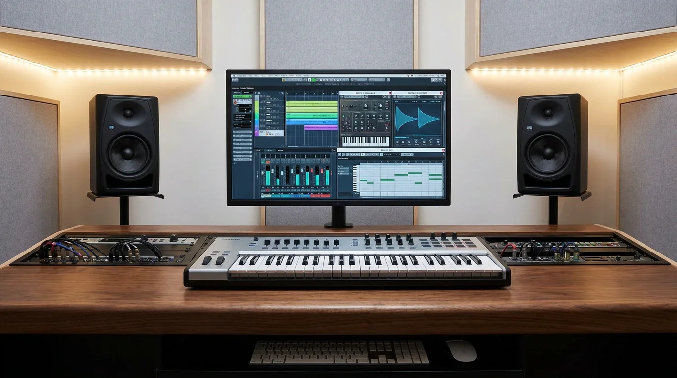 Modern music production studio with DAW interface and virtual instruments on screen