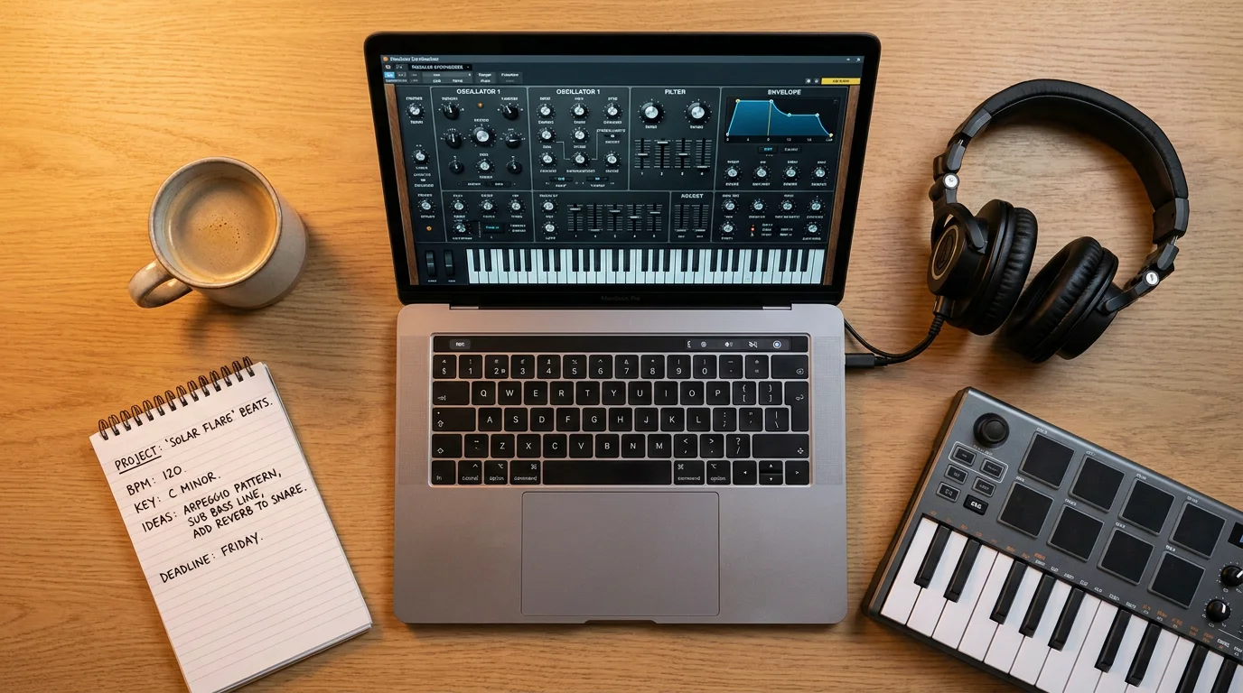 Flat-lay of a music producer's desk with laptop showing synthesizer plugin and MIDI controller