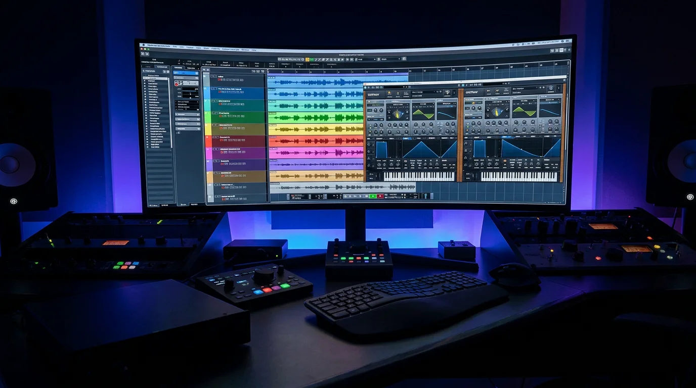 Professional music production workstation with DAW interface and synthesizer panels in ambient studio lighting