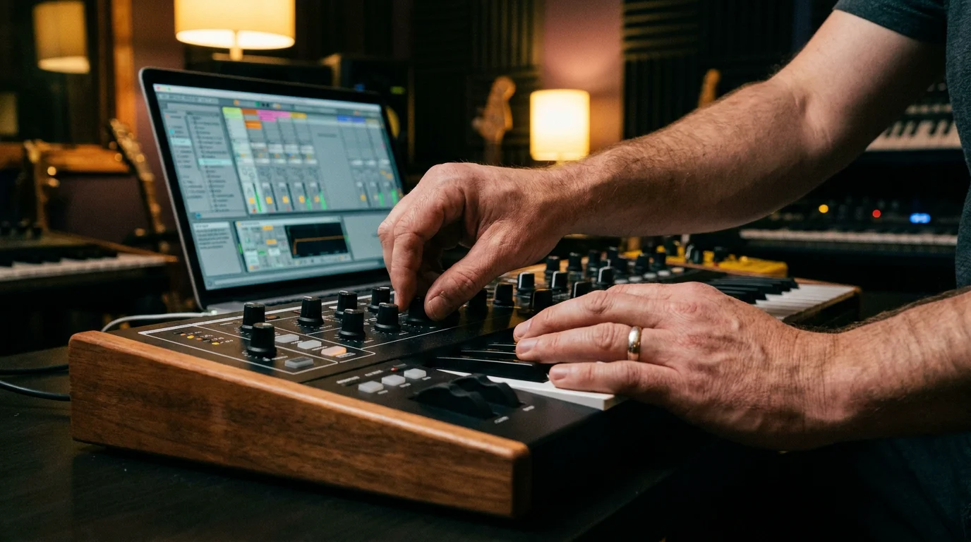 Music producer adjusting MIDI controller knobs in a home studio with DAW on laptop screen