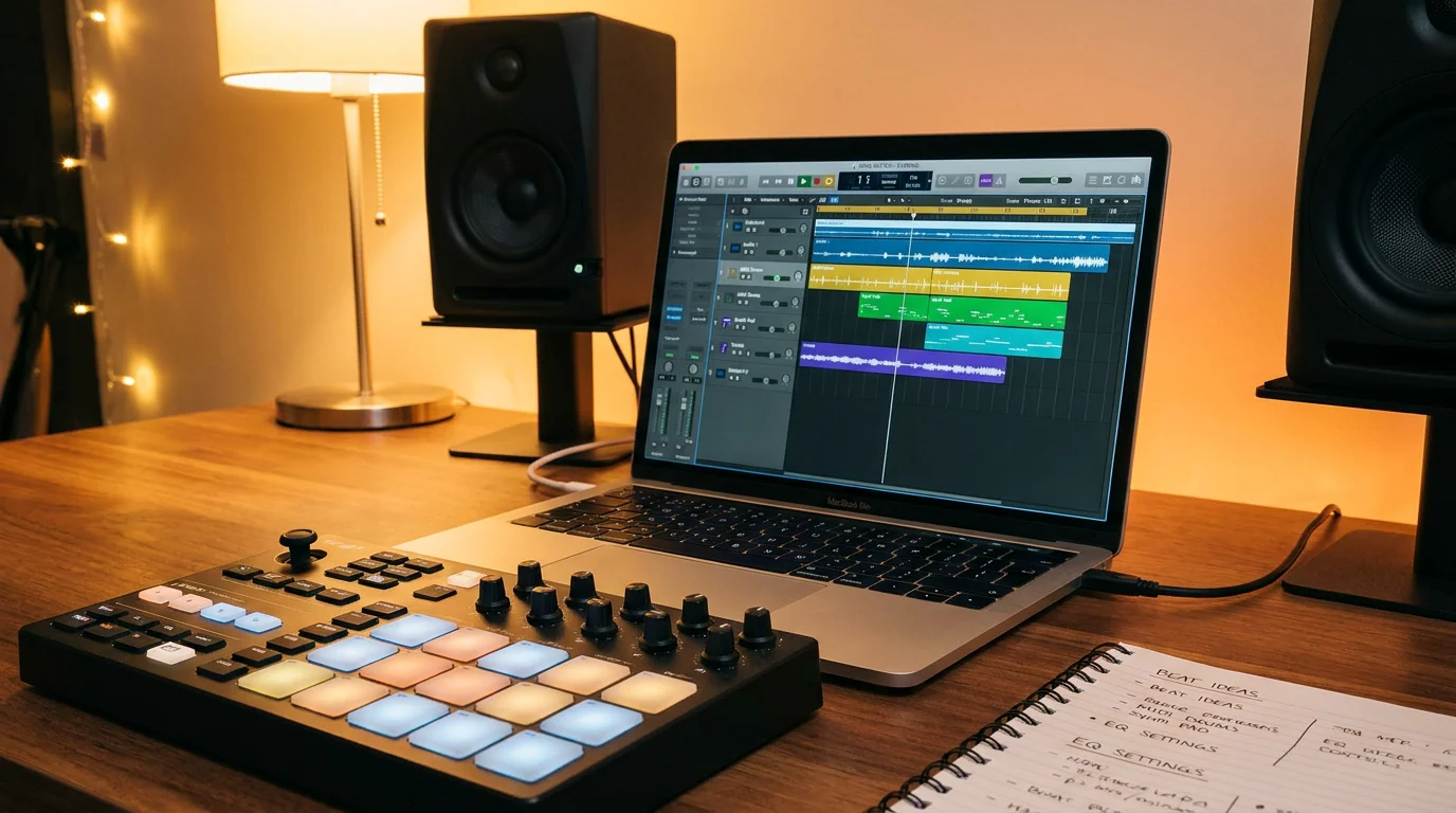 Modern home studio setup with laptop DAW session and MIDI drum pad controller
