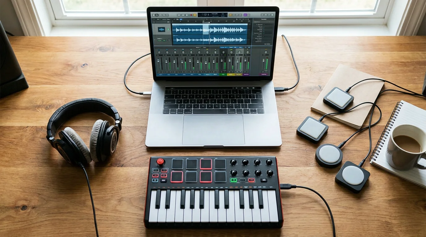 Flat-lay view of a music producer workspace with headphones laptop and MIDI controller
