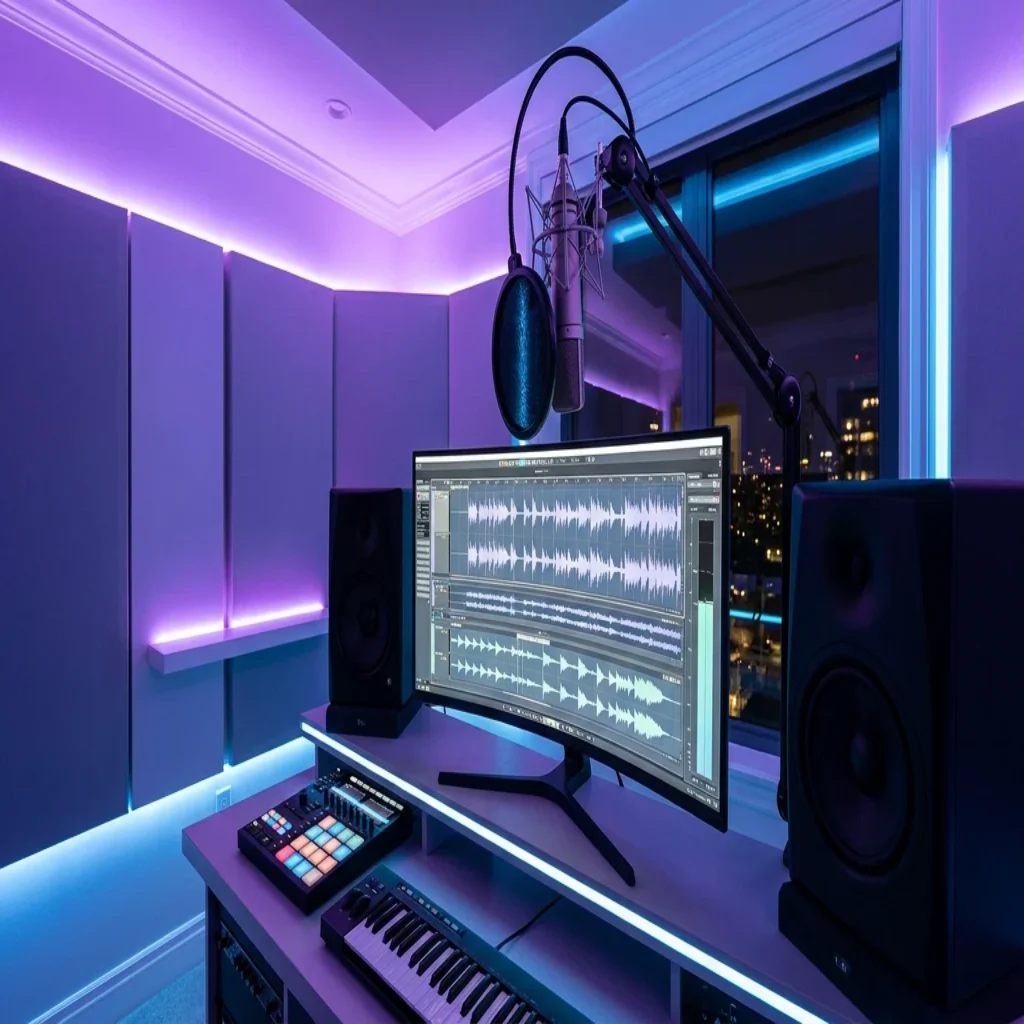 Modern home music studio with monitor displaying audio waveforms, condenser microphone, and ambient LED lighting