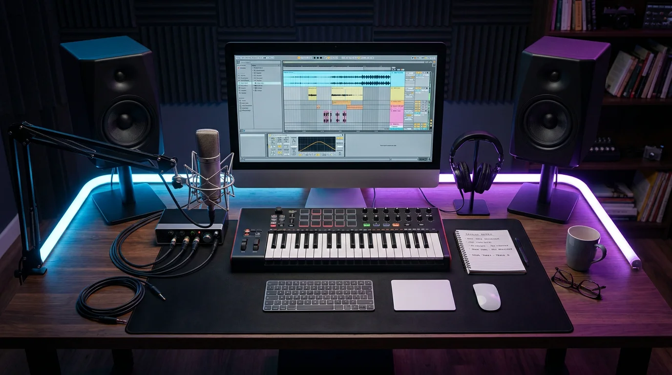 Home studio desk with DAW session, condenser microphone, and studio monitors in a dimly lit room
