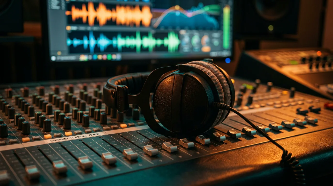 Studio headphones on a mixing console with EQ curves visible on a screen in the background