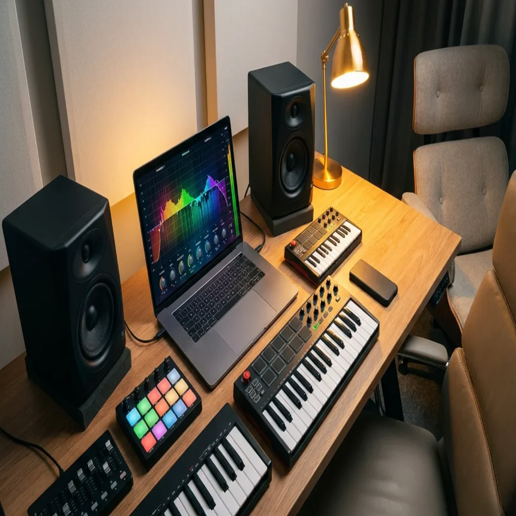 Modern music production workspace with equalizer plugin interface on laptop and studio equipment