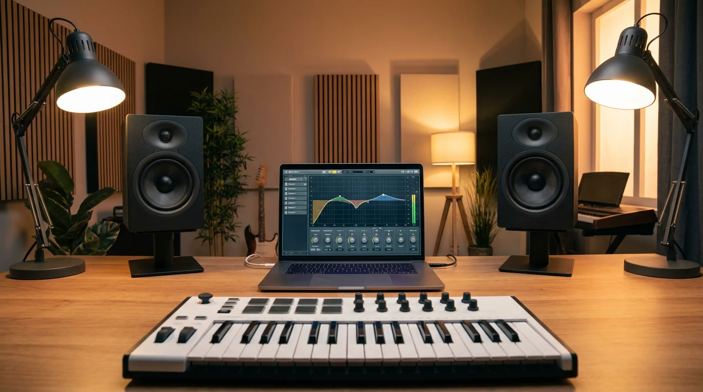 Modern home studio setup with DAW equalizer interface on laptop screen and studio monitors