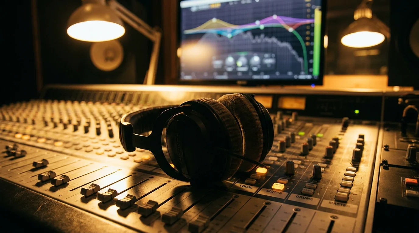 Studio headphones on mixing console with EQ curve visible on DAW screen in background