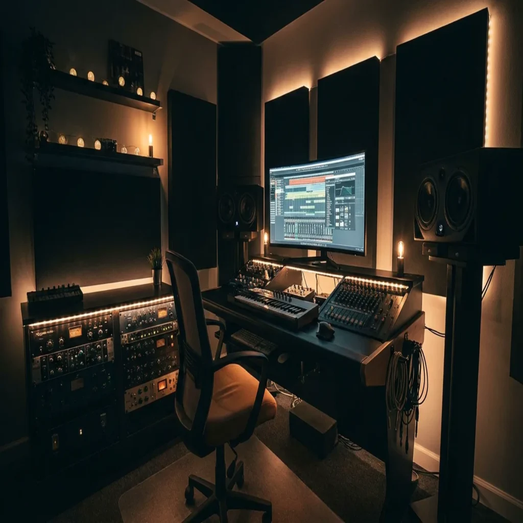 Professional music production studio with DAW on screen, studio monitors, and MIDI keyboard