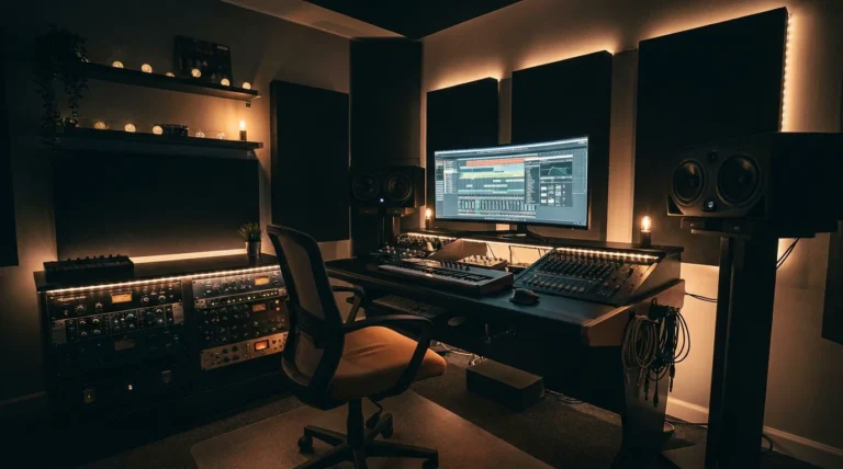 Professional music production studio with DAW on screen, studio monitors, and MIDI keyboard