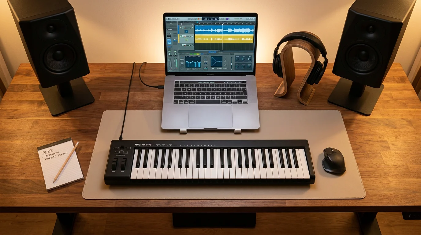Modern music production workspace with laptop DAW, MIDI controller, and studio monitors
